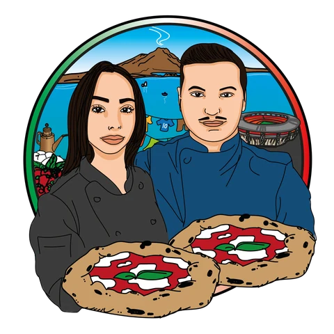 Illustration: Martina und Francesco Grimaldi mit zwei Pizzen vor dem Vesuv
