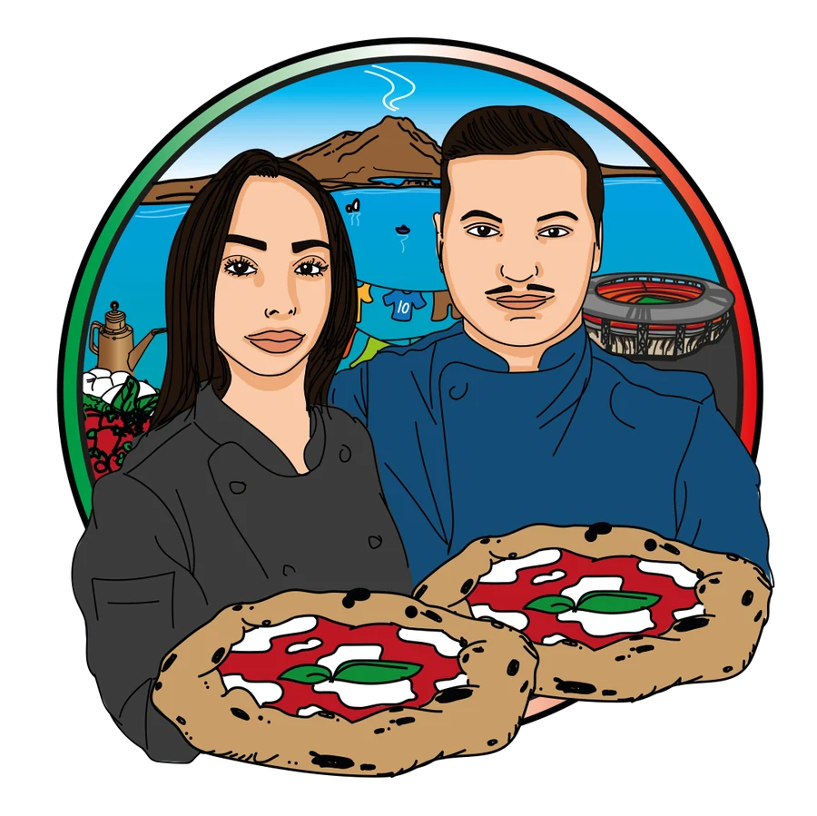 Illustration: Martina und Francesco Grimaldi in Kochjacken mit zwei Pizzen, dahinter der Golf von Neapel und der Vesuv